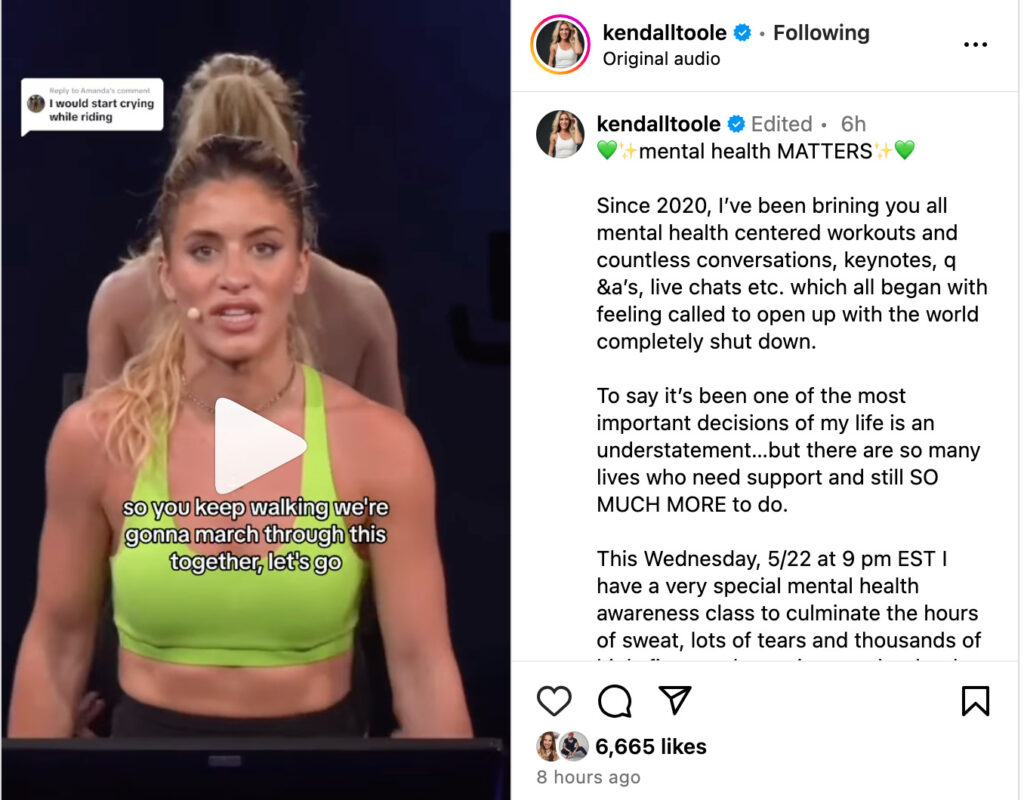 Kendall Toole's Instagram post announcing AFSP donation.